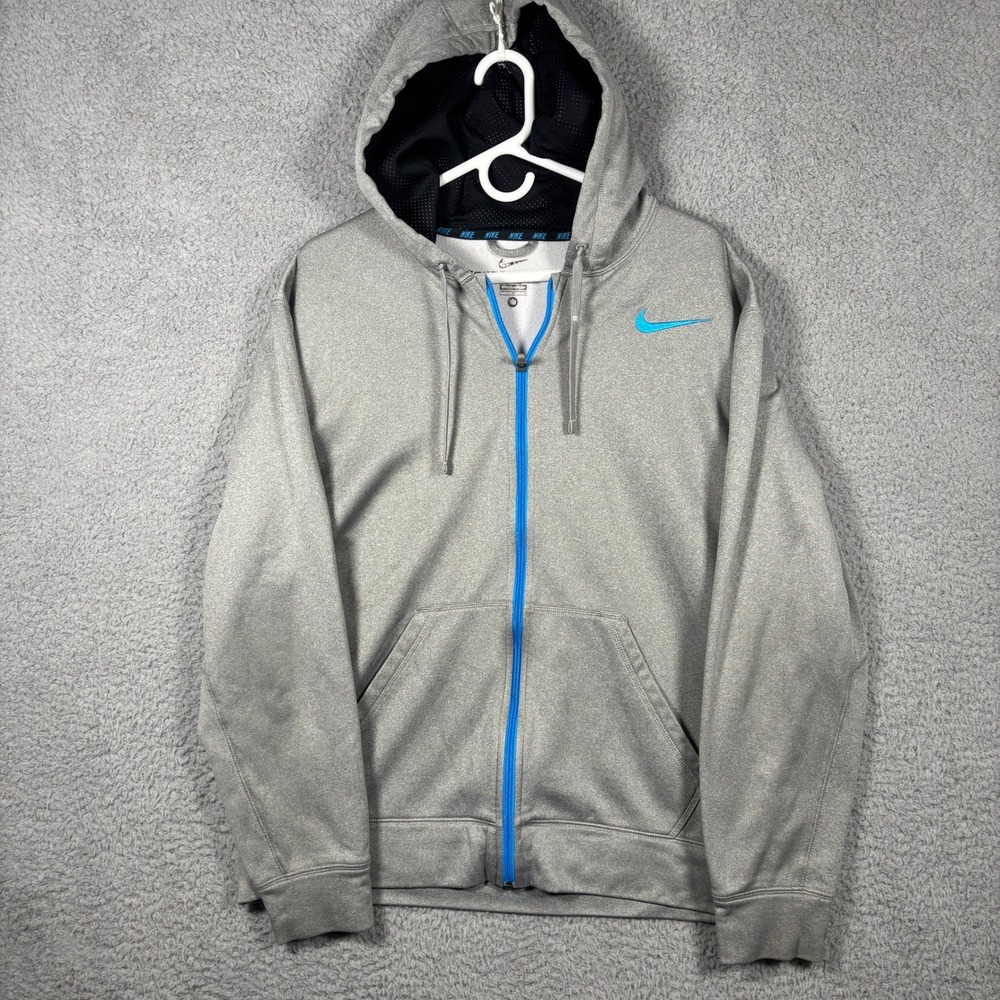 Nike Hoodie Mens L Grey Therma-FIT Full Zip Blue Swoosh Athletic Sweatshirt